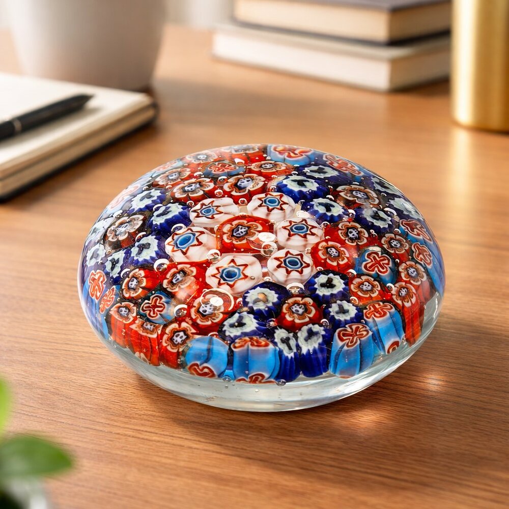 French Handmade Millefiori Art Glass Paperweight | Vintage Artisan Floral Murano